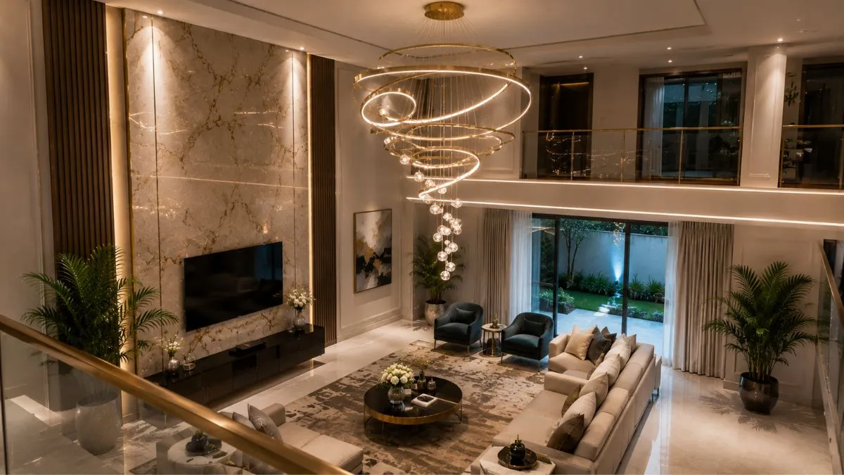 A tall spiral hanging light fixture shines in a large double-height luxury living room.