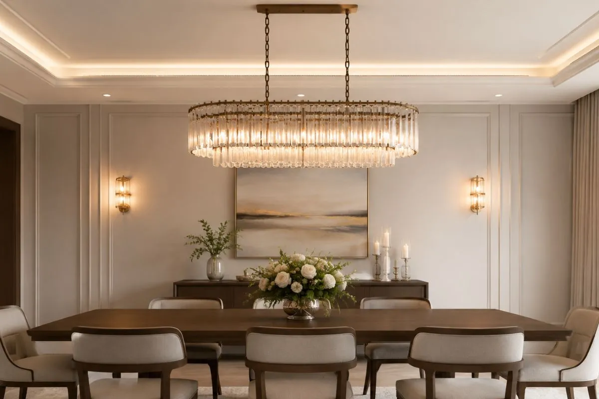 A long crystal chandelier hangs over a modern wooden dining table in an elegant room setting.