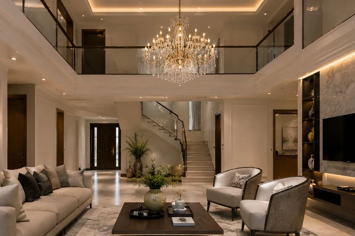 A large classic crystal chandelier hangs in a spacious living room with two seating areas.