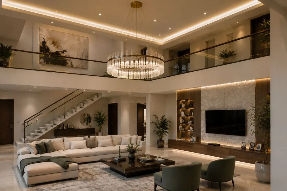 A modern circular crystal chandelier hangs from a high ceiling in an open luxury living room.