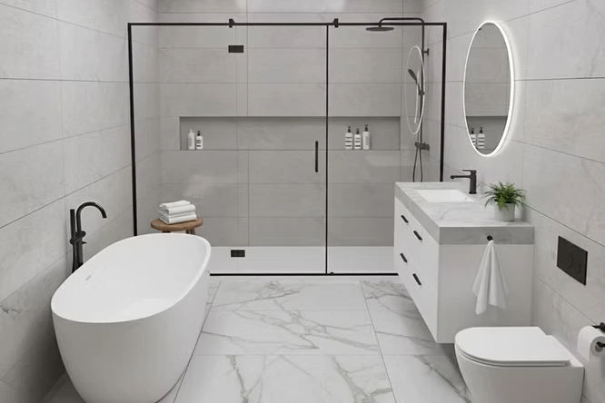 White marble floors and grey wall tiles create a waterproof seal. Large tiles in this bathroom decor mean fewer grout lines to scrub, keeping the space looking new with very little effort.