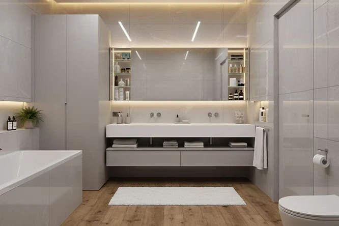A large mirror with hidden side shelves keeps bottles out of sight. Smart bathroom decor like this recessed storage prevents dust buildup on counters, making your weekly cleaning much faster.