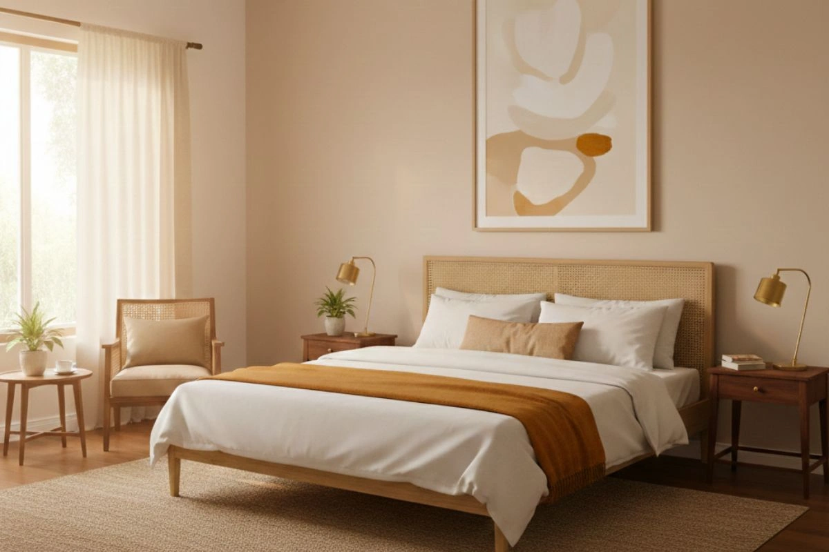 A bright guest room colour combination using soft beige walls and natural light for a spacious feel.