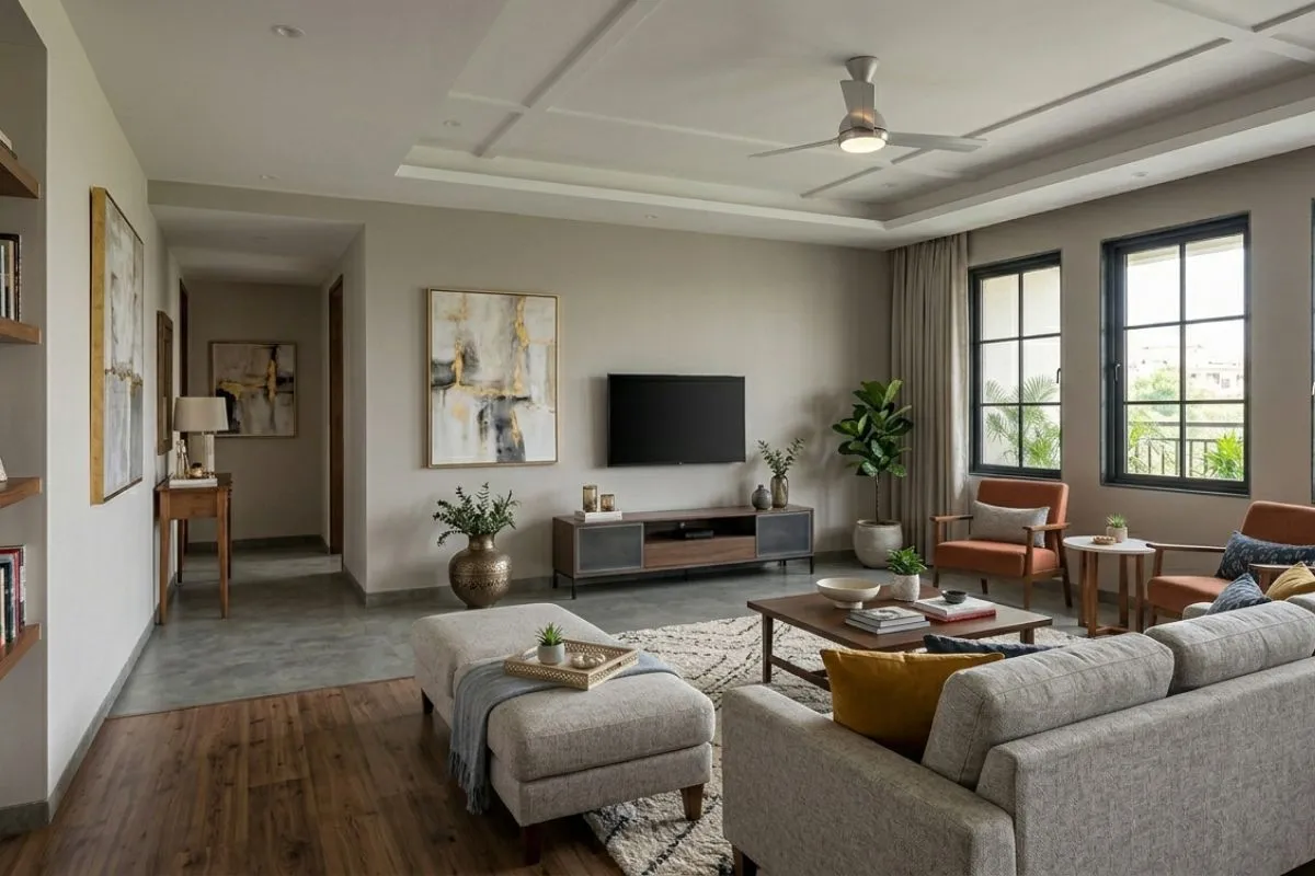 Grey sofa and orange armchairs decorate a bright, contemporary living room interior.