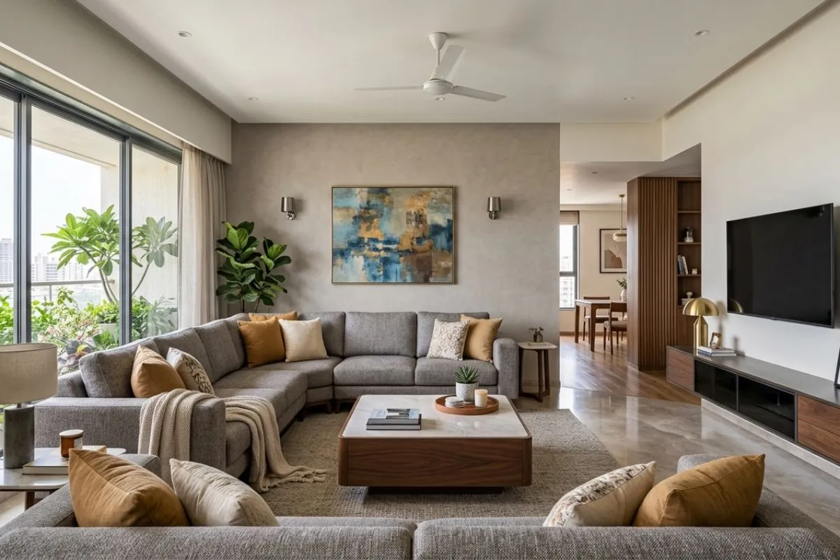 Large grey sectional sofa and a marble coffee table in a contemporary living room interior.