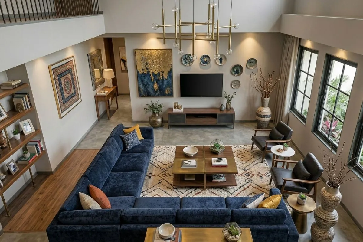 High-angle view of a blue couch and patterned rug in a grand, contemporary living room interior.