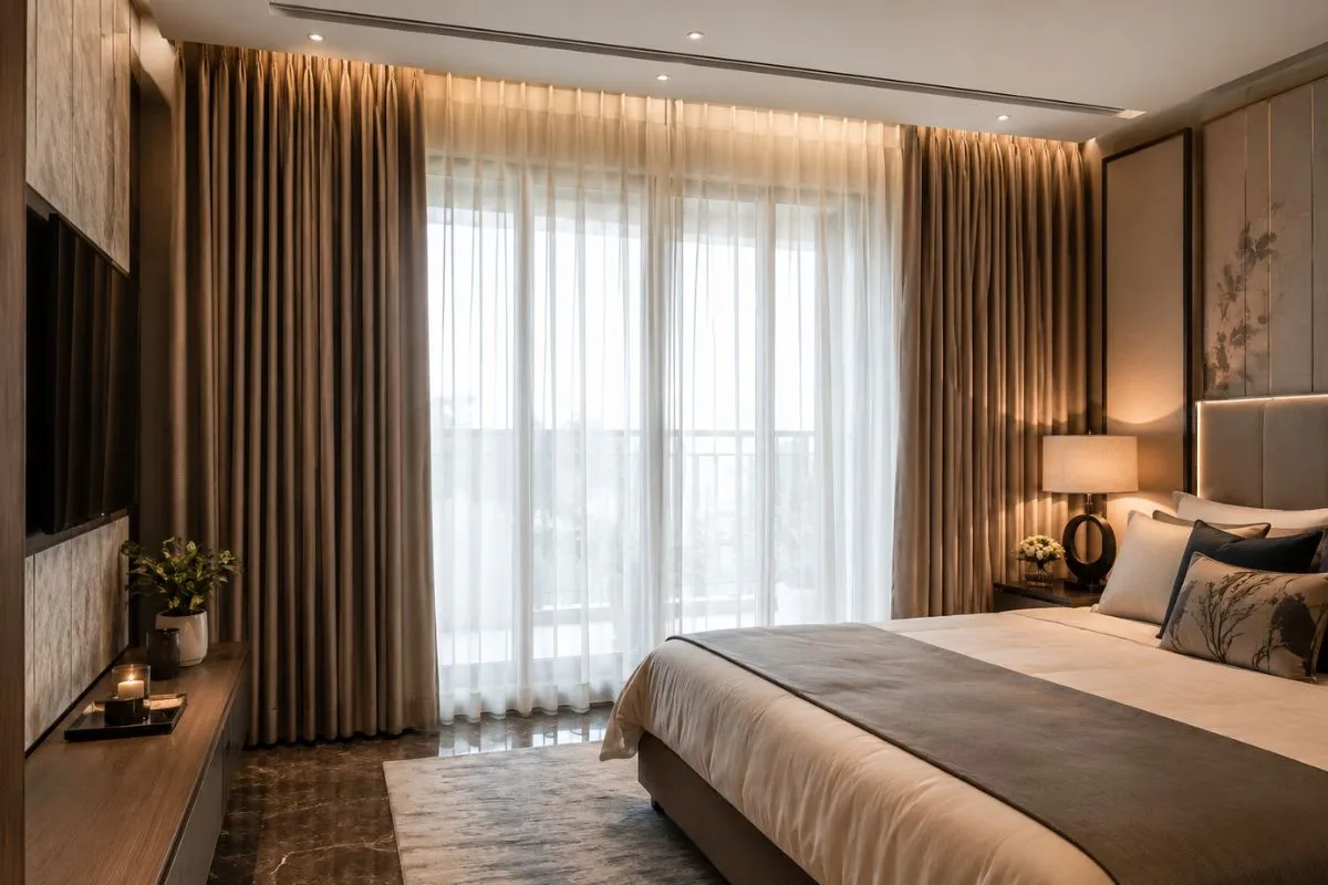 Elegant bedroom with layered beige curtains blocking soft sunlight light.