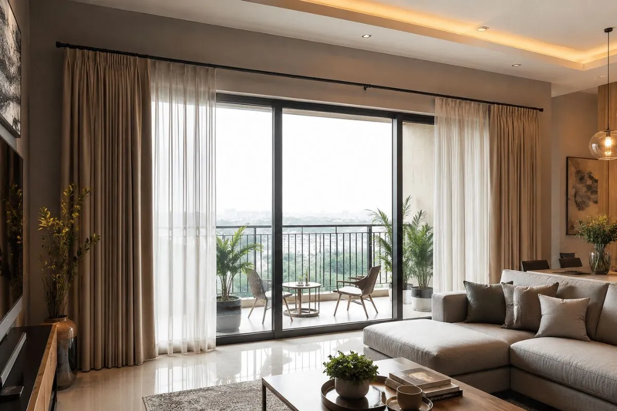 Spacious living area featuring long neutral curtains for balcony glass doors.
