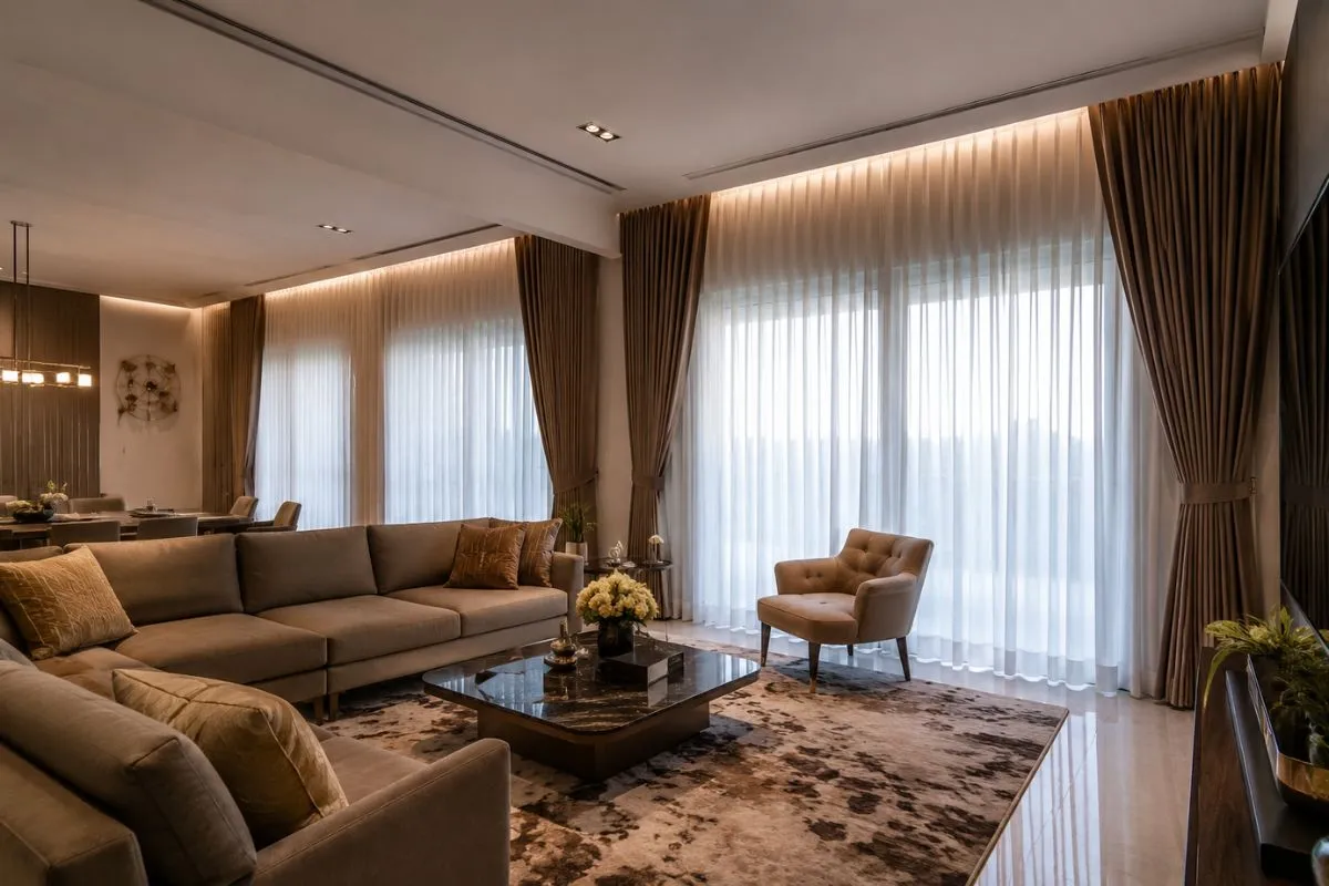 Luxurious living room with floor-length beige curtains on large windows.