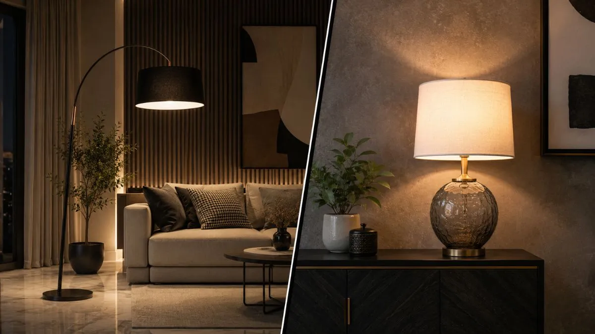 Split view showing an arched floor lamp next to a sofa and a textured glass table lamp.