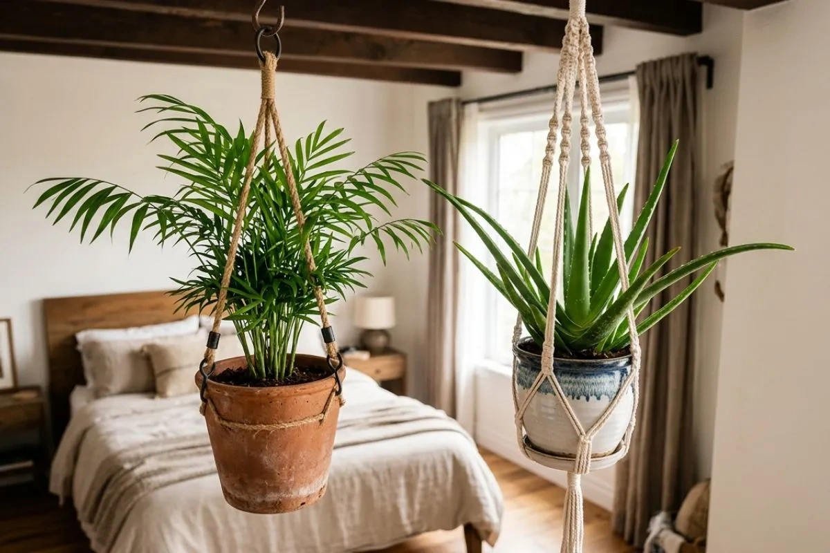 Hanging macrame planters holding low maintenance indoor plants in a bright, neutral bedroom