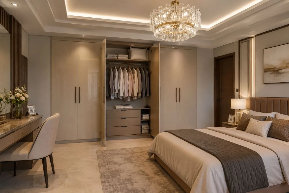 Luxurious bedroom with open hinged wardrobe doors showing neatly organized shirts and drawers.
