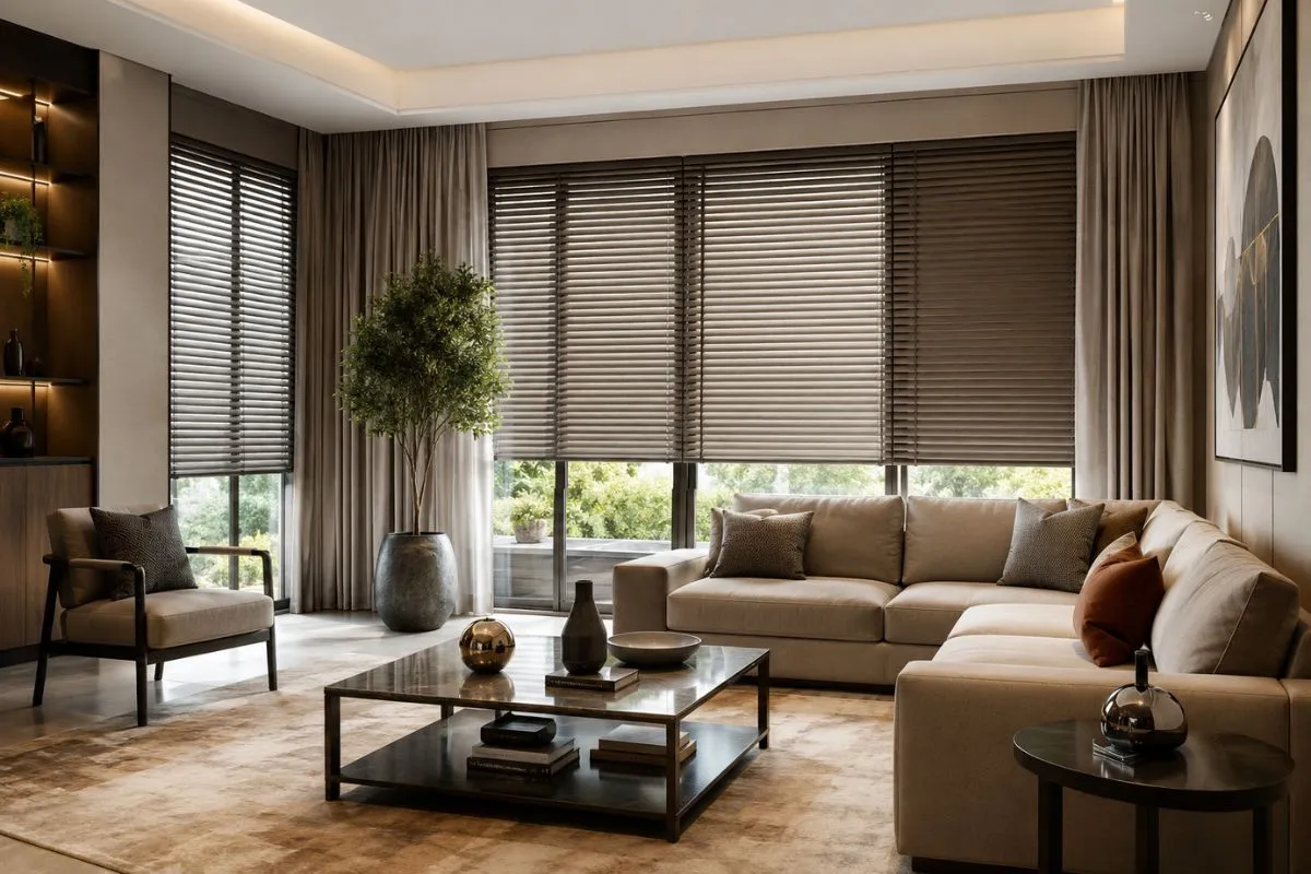 Modern living room with stylish window blinds and comfortable sofa setup.