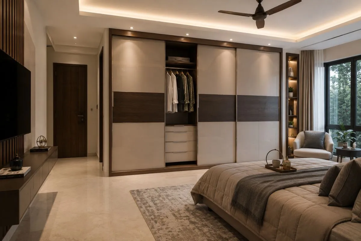 Modern bedroom interior with a large sliding wardrobe, cozy bed, TV console, and wide window.