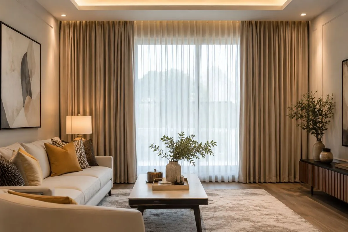Bright living room with full-length beige curtains around a large glass window.