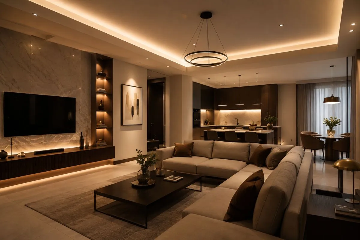 Modern open-plan living room featuring ceiling lights, warm cove lighting, and lamps.