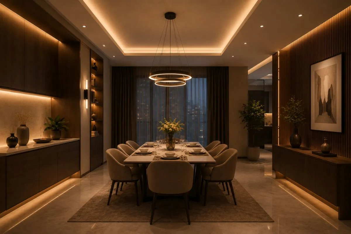 Cozy dining room set with warm ambient ceiling light and stylish pendant chandelier.