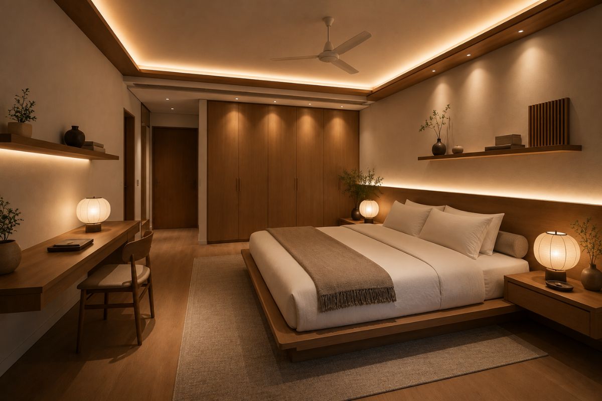 Japandi bedroom setup with a low wooden bed, side desk, paper lamps, and ceiling lights.