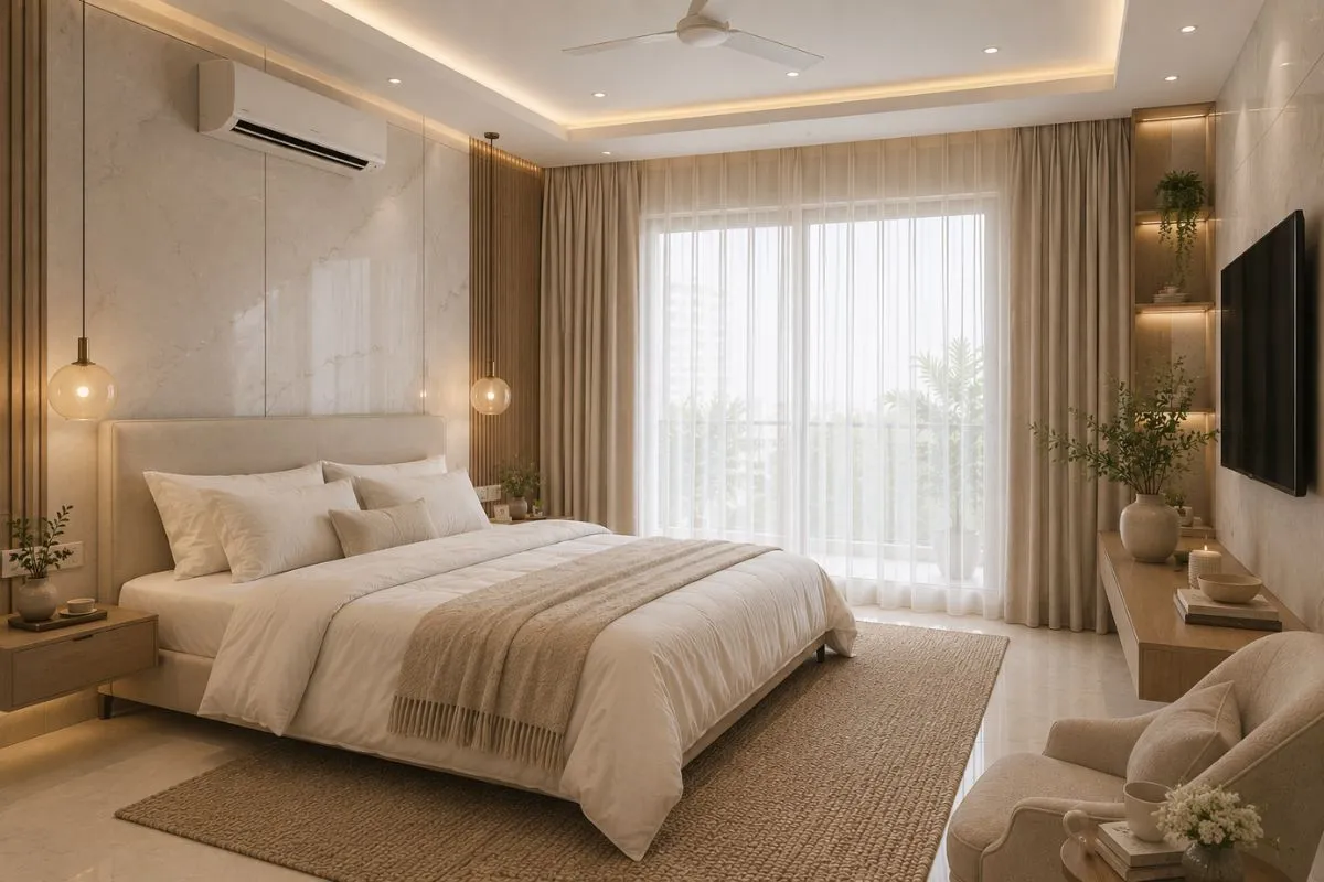 Warm white bedroom featuring sheer curtains, pendant lights, woven rug, and marble wall panel.