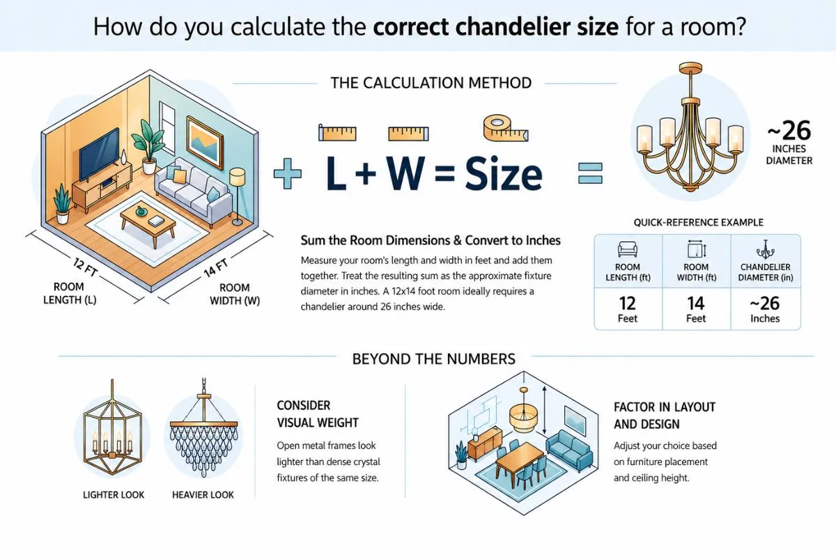 An easy guide showing a math formula and visual tips to choose the right chandelier size.