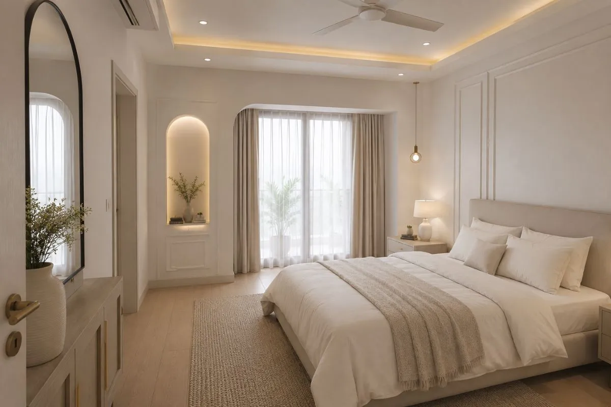 Off-white bedroom with arched wall niche, large mirror, soft curtains, and a beige area rug.