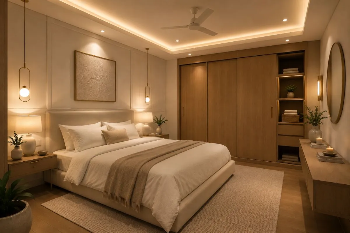 Cozy white bedroom with warm ceiling lights, hanging bulbs, table lamps, and a wooden closet.