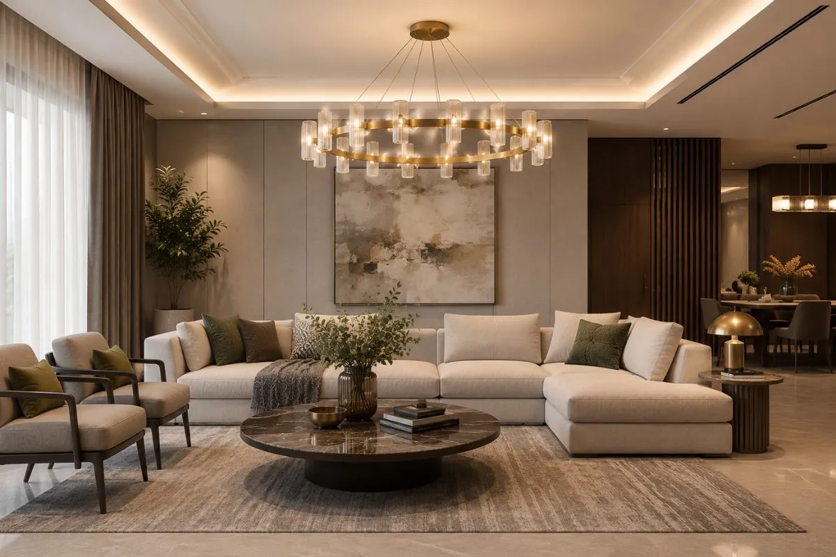 A round brass chandelier hangs above a modern sofa setup in a neutral warm living room.