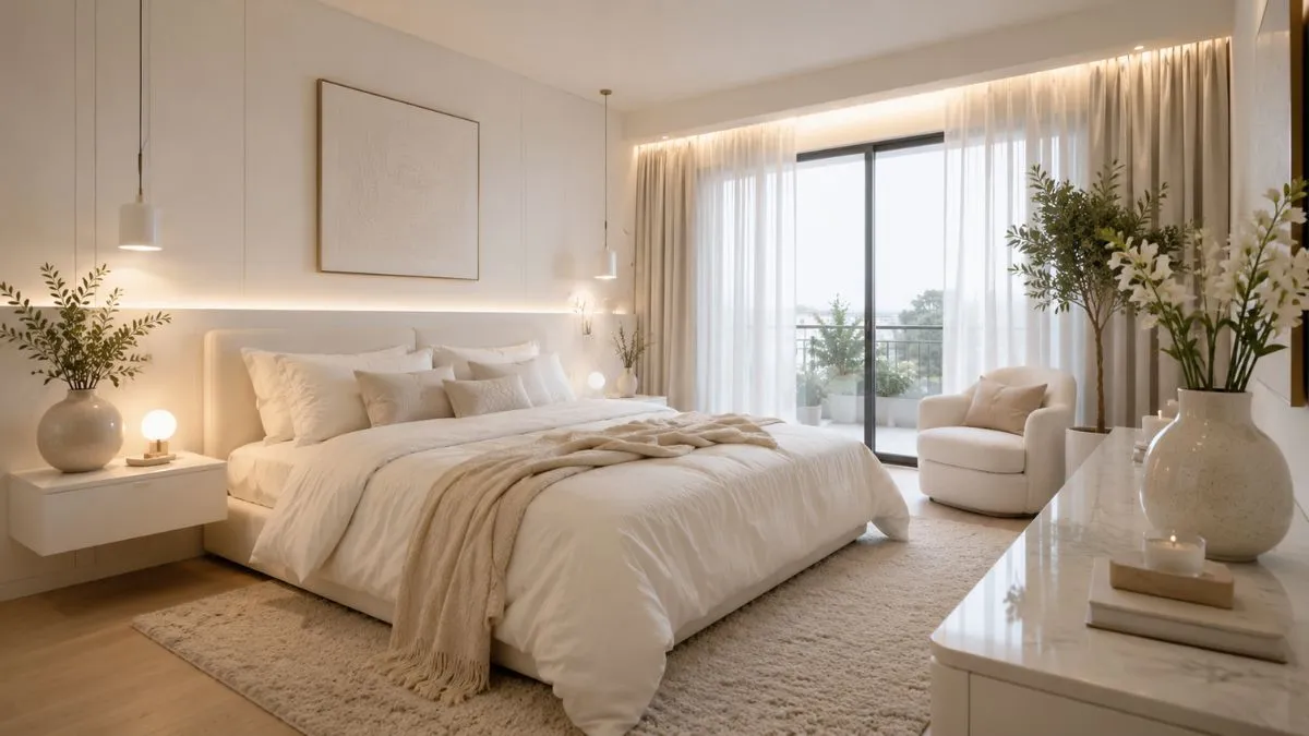 Bright white bedroom with soft glowing lights, white armchair, potted plant, and balcony view.
