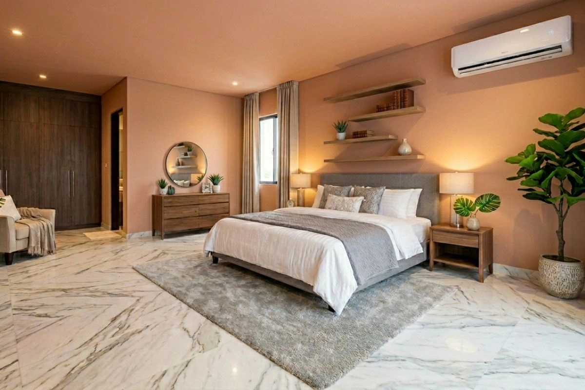 Warm-toned bedroom with terracotta walls, a cozy bed, and Michelangelo Marble for Bedroom flooring.