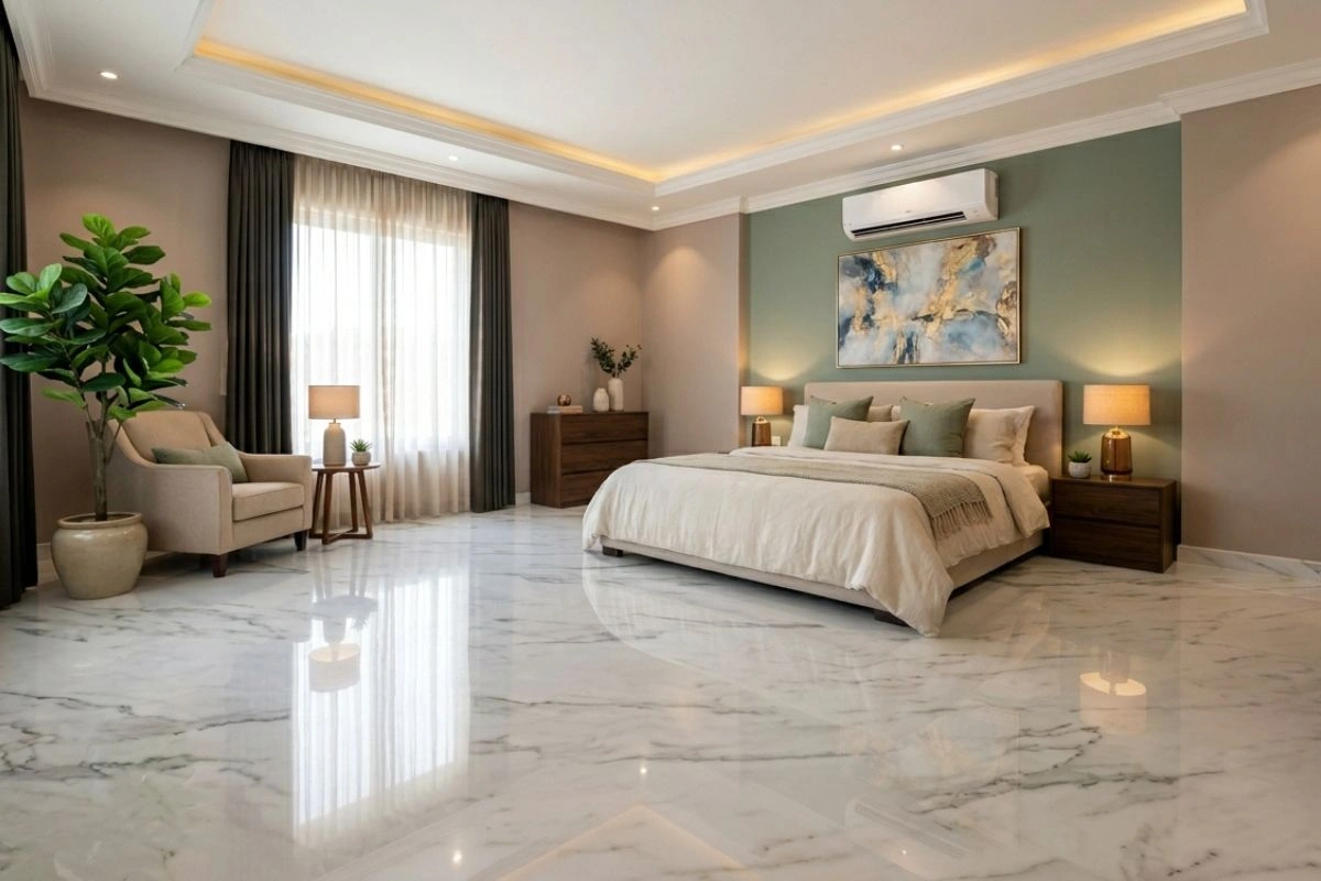 Spacious, modern bedroom featuring a green accent wall and glossy Michelangelo Marble for Bedroom.