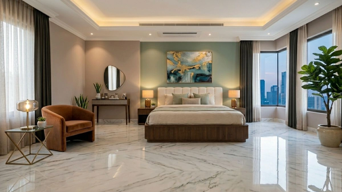 Elegant bedroom with a large bed, polished white Michelangelo Marble for Bedroom floor, and city view.