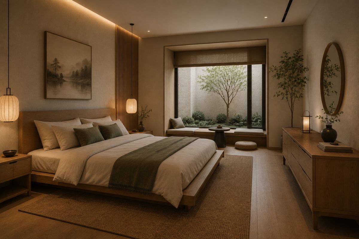 Warm Japandi bedroom with green cushions, wooden furniture, and a window seat to garden.