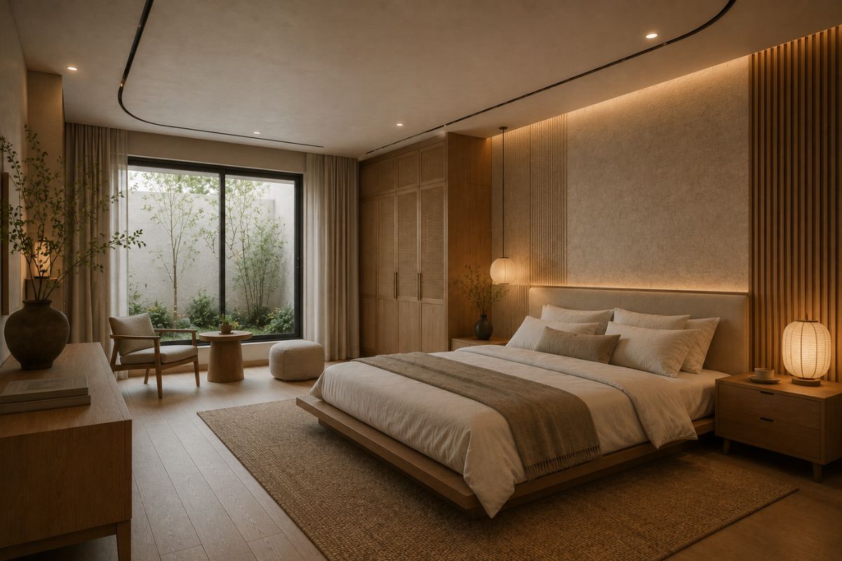 Minimal Japandi bedroom with a low bed, woven rug, paper lamp, and glass sliding door