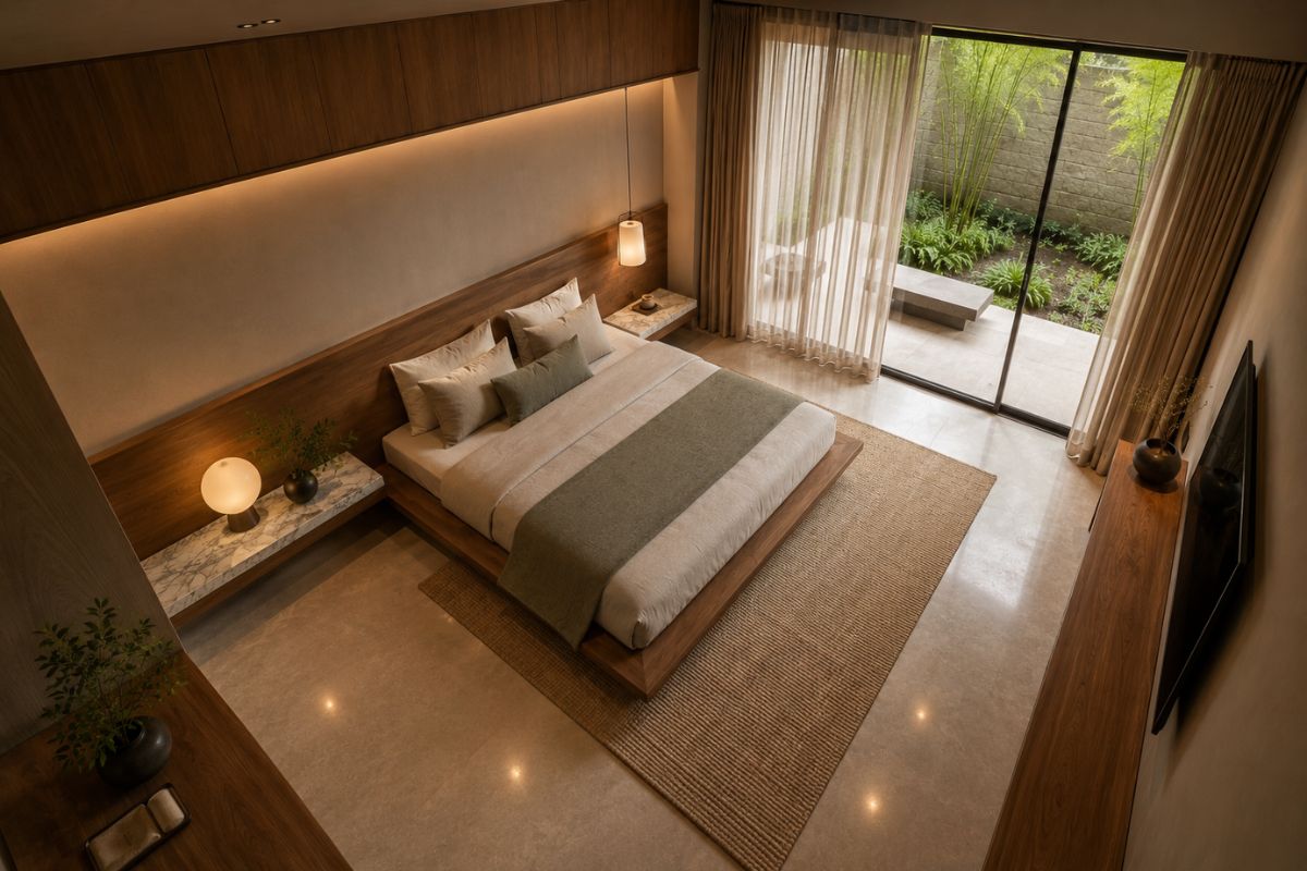 Top view of a Japandi bedroom with rich wood paneling, low bed, marble tables, and garden.