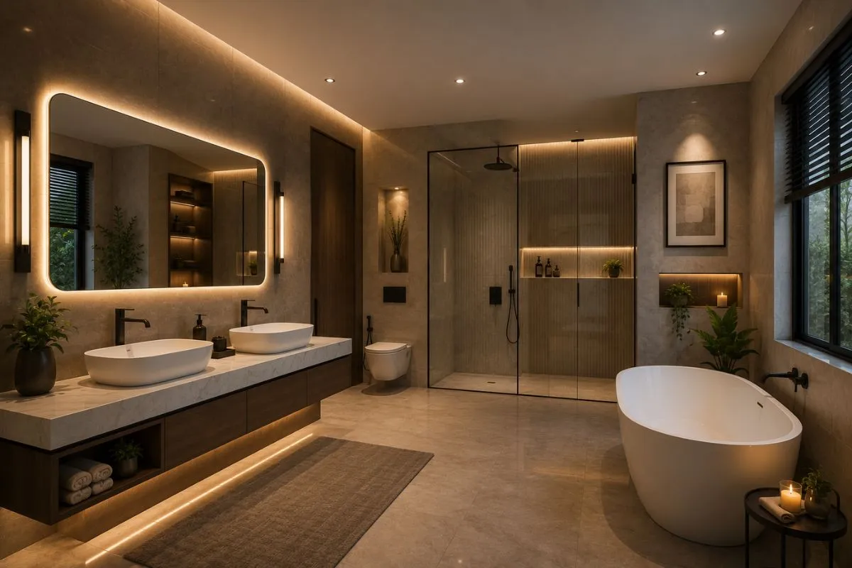 Modern bathroom with lighted vanity mirror, wall lights, and warm accent strip lights.