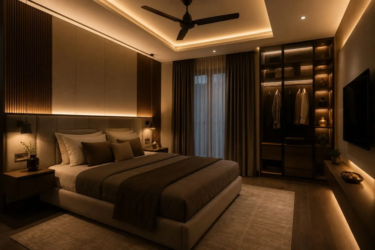 Elegant bedroom with warm hidden ceiling lighting, bedside lamps, and closet lights.