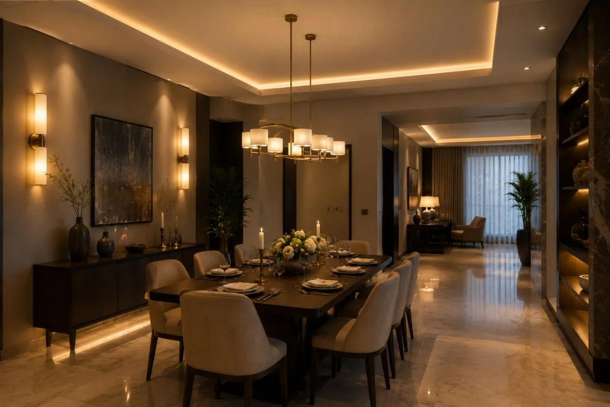 Elegant dining room with warm chandelier lighting, wall sconces, and shelf accent lights.