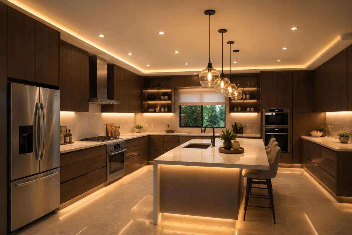 Modern kitchen with warm island pendant lights, ceiling lights, and cabinet lighting.