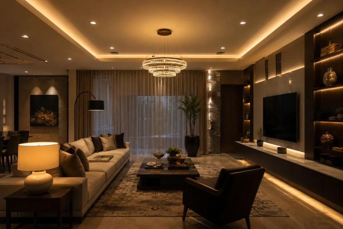 Cozy living room featuring a warm crystal chandelier, floor lamp, and shelf lighting.