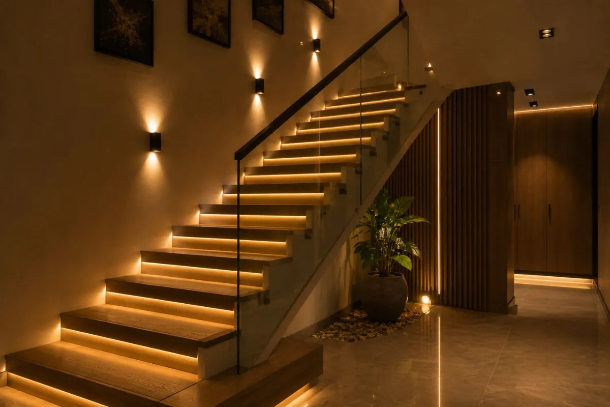 Modern wooden staircase illuminated with warm LED step lights and stylish wall lamps.