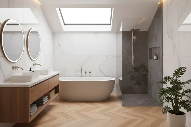 Bright, airy room with a large skylight. Natural light makes this bathroom decor feel fresh. A wooden vanity and white tub create a clean look that is very easy to keep tidy and maintain.