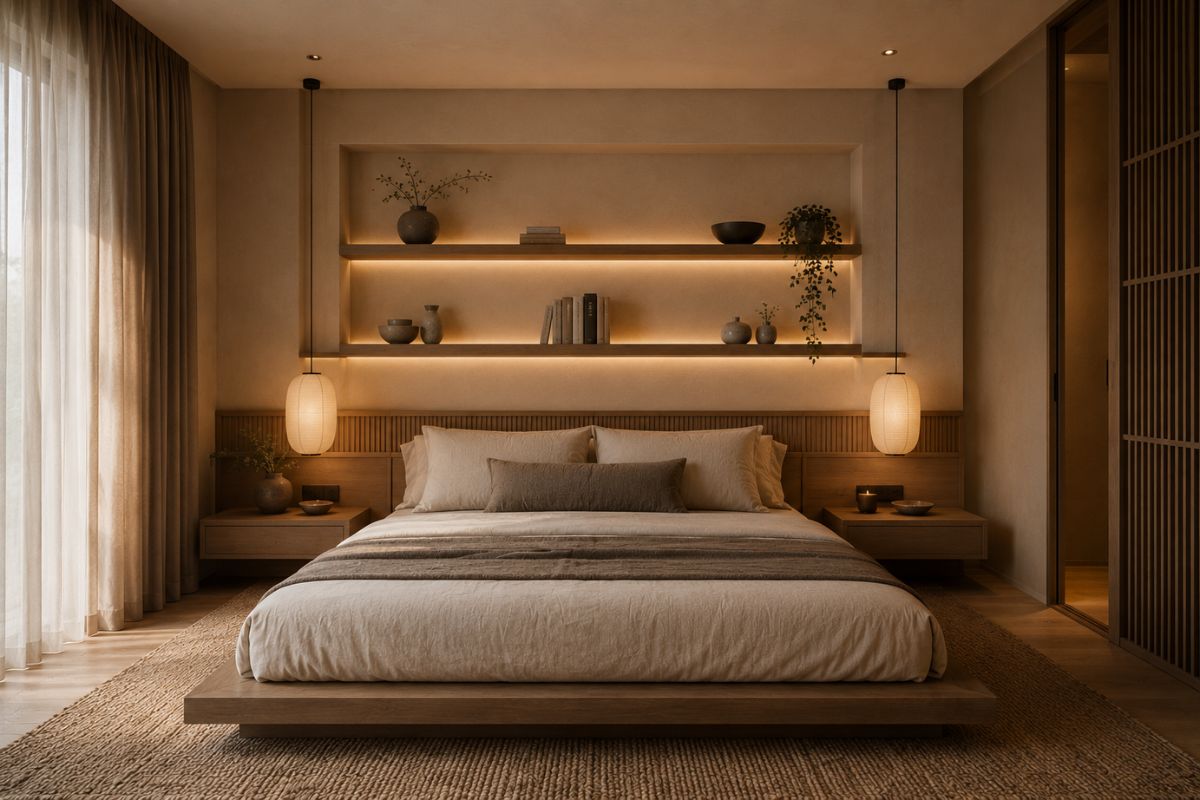 Warm Japandi bedroom with wooden bed frame, beige bedding, soft shelf lights, and paper lamps.