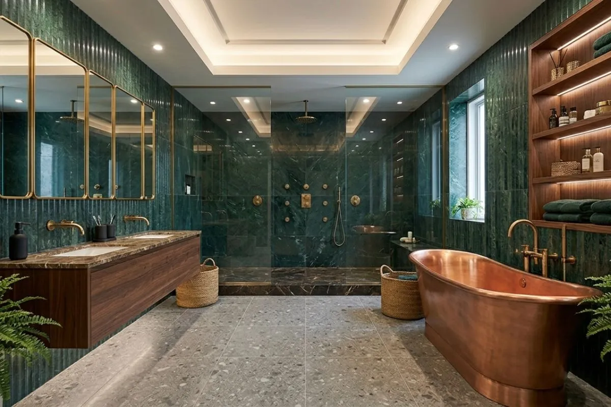 Elegant bathroom interior with deep green marble walls, gold fixtures, and a copper bathtub.