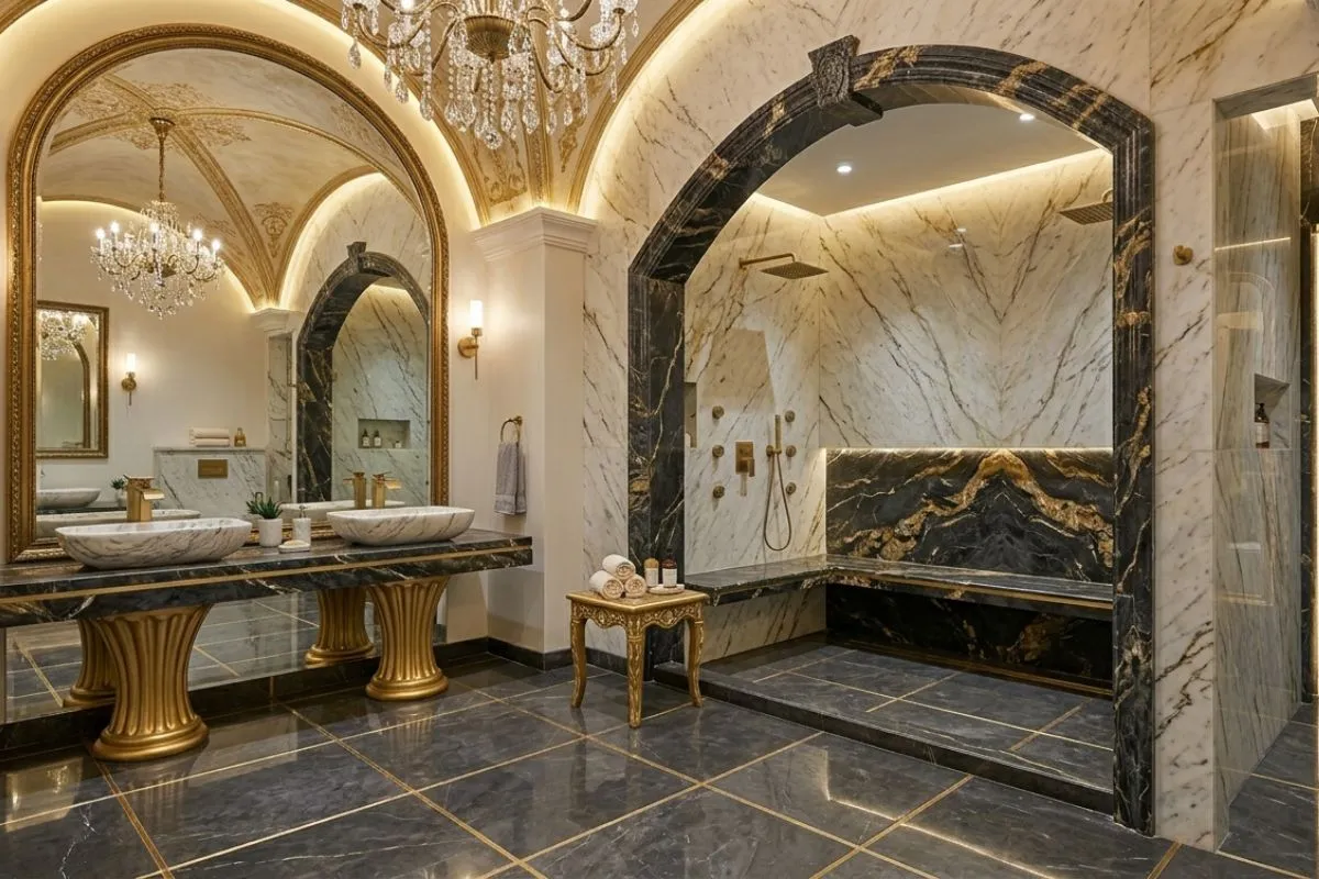 Classic luxury bathroom interior showing dramatic dark marble, gold accents, and a crystal chandelier.