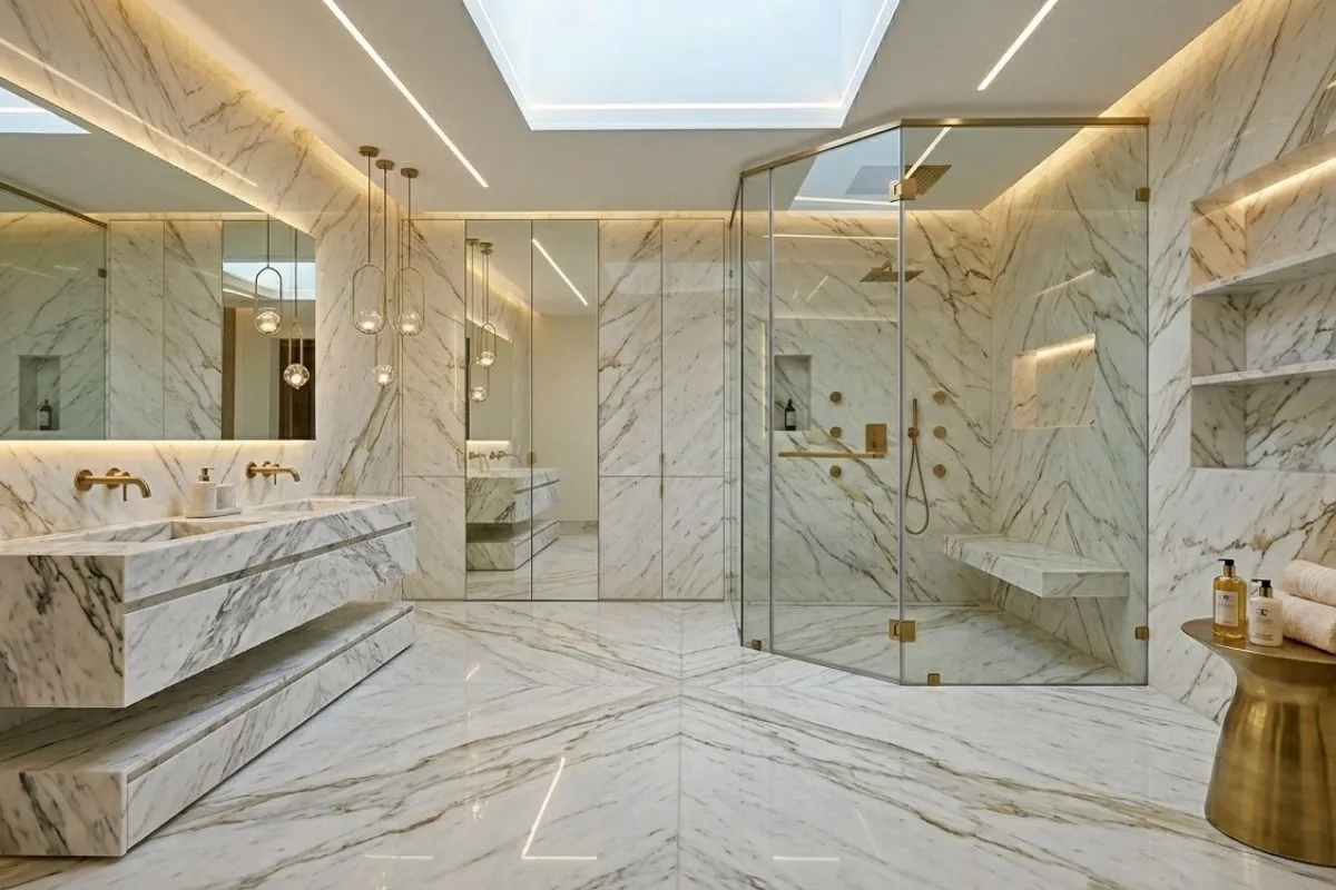 Bright bathroom interior with white marble floors, a glass shower cabin, and a skylight ceiling.