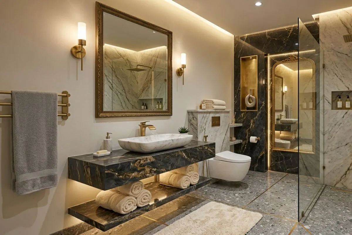 Chic bathroom interior displaying dark marble vanity counters, warm lighting, and a walk-in shower.