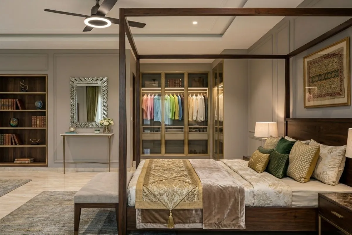 A luxury bedroom interior with a wooden four-poster bed, a lit-up glass wardrobe, and a silver wall mirror.