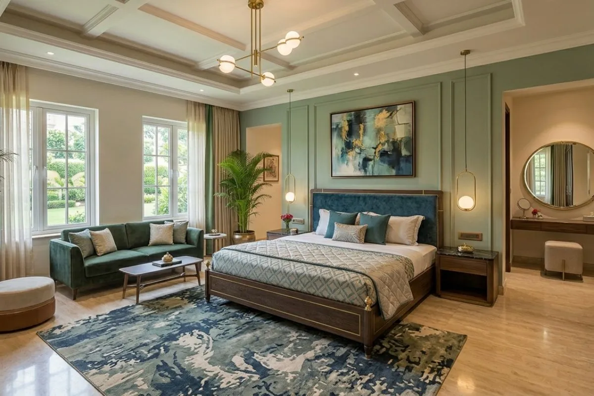 Spacious bedroom interior with a blue bed, mint green walls, a green sofa, and large windows to a garden view.