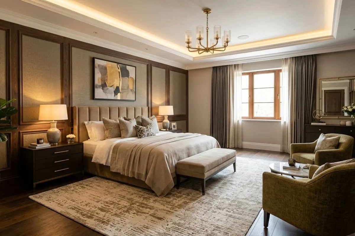 Elegant bedroom interior featuring a beige bed, warm wood wall panels, a modern chandelier, and cozy armchairs.