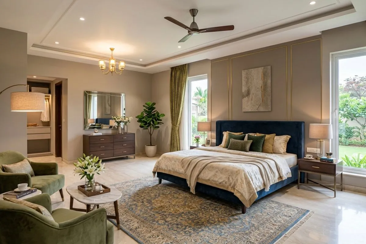 Large bedroom interior with a navy blue bed, a patterned rug, green chairs, and big glass doors to the outside.